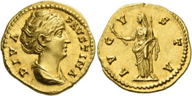 Faustina I, wife of Antoninus Pius
Diva Faustina. Aureus after 141, AV 7.20 g. DIVA – FAVSTINA Draped bust r. her hair bound with pearls and piled up...