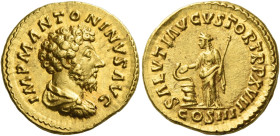Marcus Aurelius augustus, 161 – 180
Aureus 162-163, AV 7.22 g. IMP M ANTONINVS AVG Bare-headed, draped and cuirassed bust r. Rev. SALVTI AVGVSTOR TR ...