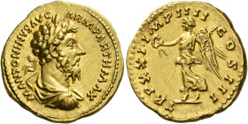 Marcus Aurelius augustus, 161 – 180
Aureus 166-167, AV 7.23 g. M ANTONINVS AVG – ARM PARTH MAX Laureate, draped and cuirassed bust r. Rev. TR P XXI I...