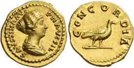 Faustina II, daughter of A. Pius and wife of M. Aurelius
Aureus 152-153, AV 7.36 g. FAVSTINA AVG – PII AVG FIL Draped bust r., hair coiled on top of ...