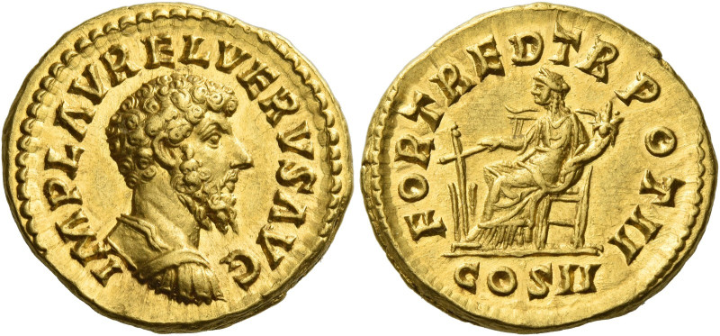 Lucius Verus, 161 – 169
Aureus 161-162, AV 7.35 g. IMP L AVREL VERVS AVG Bare-h...