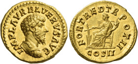 Lucius Verus, 161 – 169
Aureus 161-162, AV 7.35 g. IMP L AVREL VERVS AVG Bare-headed and cuirassed bust r. Rev. FORT RED TR POT II – COS II Fortuna s...