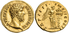 Lucius Verus, 161 – 169
Aureus December 163-164, AV 7.36 g. L·VERVS AVG – ARMENIACVS Bare head r. Rev. TR P IIII – IMP II COS II Victory, half-draped...