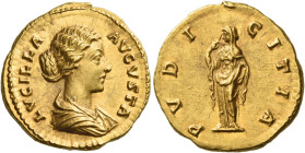 Lucilla, wife of Lucius Verus
Aureus 164-169 or 183, AV 7.30 g. LVCILLA – AVGVSTA Draped bust r., hair caught up in double chignon. Rev. PVDI – CITIA...