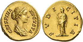 Crispina, wife of Commodus
Aureus circa 180-183, AV 7.24 g. CRISPINA – AVGVSTA Draped bust r., hair in round coil at back of head. Rev. PVDI – CITIA ...