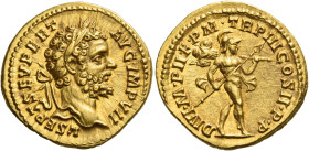 Septimius Severus, 193 – 211
Aureus 195, AV 7.41 g. L SEPT SEV PERT – AVG IMP VII Laureate head r. Rev. DIVI M PII F P M TR P III COS II P P Mars adv...