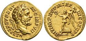 Septimius Severus, 193 – 211
Aureus 195, AV 7.22 g. L SEPT SEV PERT – AVG IMP VII Laureate head r. Rev. DIVI M PII F P M TR P – III COS II P P Victor...