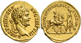 Septimius Severus, 193 – 211
Aureus 196-197, AV 7.44 g. L SEPT SEV PERT – AVG IMP VIII Laureate head r. Rev. ADVENTVI AVG FELI – CISSIMO Septimius Se...