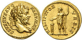 Septimius Severus, 193 – 211
Aureus 201, AV 7.26 g. SEVERVS AVG – PART MAX Laureate bust r., with drapery on far shoulder. Rev. RESTITVTOR – VRBIS Se...