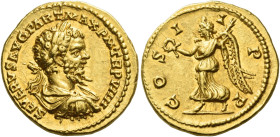 Septimius Severus, 193 – 211
Aureus, Laodicea ad Mare 201, AV 7.12 g. SEVERVS AVG PART MAX PM TR P VIIII Laureate, draped and cuirassed bust r. Rev. ...
