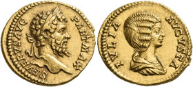 Septimius Severus, 193 – 211
Aureus 201, AV 7.35 g. SEVERVS AVG – PART MAX Laureate head r. Rev. IVLIA – AVGVSTA Draped bust r. C –. BMC 192 note. RI...