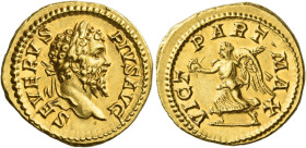 Septimius Severus, 193 – 211
Aureus 201-210, AV 6.92 g. SEVERVS – PIVS AVG Laureate head r. Rev. VICT – PART – MAX Victory advancing l., holding wrea...