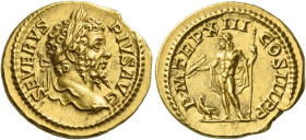 Septimius Severus, 193 – 211
Aureus 205, AV 7.20 g. SEVERVS – PIVS AVG Laureate head r. Rev. P M TR P XIII – COS III P P Jupiter, naked but for cloak...