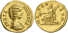 Julia Domna, wife of Septimius Severus
Aureus circa 196-211, AV 7.16 g. IVLIA – AVGVSTA Draped bust r. Rev. MA – TER DEVM Cybele seated l. on throne,...
