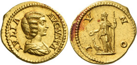 Julia Domna, wife of Septimius Severus
Aureus circa 196–211, AV 7.10 g. IVLIA – AVGVSTA Draped bust r. Rev. IVNO Juno, veiled, standing l., holding p...