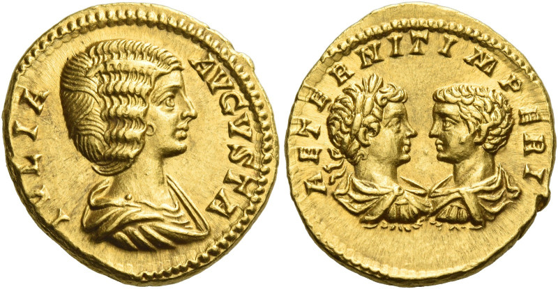 Julia Domna, wife of Septimius Severus
Aureus circa 201, AV 7.10 g. IVLIA – AVG...