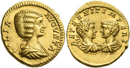 Julia Domna, wife of Septimius Severus
Aureus circa 201, AV 7.10 g. IVLIA – AVGVSTA Draped bust of Julia Domna r. Rev. AETERNIT IMPERI Confronted bus...