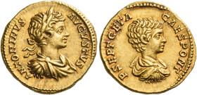 Caracalla augustus, 198 – 217
Aureus circa 201, AV 7.35 g. ANTONINVS – AVGVSTVS Laureate, draped and cuirassed bust of Caracalla r. Rev. P SEPT GETA ...