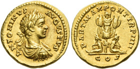 Caracalla augustus, 198 – 217
Aureus, Laodicea (?) 201, AV 7.09 g. ANTONINVS – AVGVSTVS Laureate, draped and cuirassed bust r. Rev. PART MAX PONT TR ...
