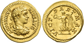 Caracalla augustus, 198 – 217
Aureus 201-206, AV 7.20 g. ANTONINVS PIVS – AVG Laureate, draped and cuirassed bust r. Rev. VICT PART MAX Victory strid...