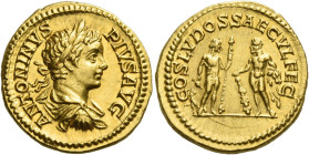 Caracalla augustus, 198 – 217
Aureus 202-204, AV 7.25 g. ANTONINVS PIVS AVG Laureate, draped and cuirassed bust r. Rev. COS LVDOS SAECVL FEC Liber, o...