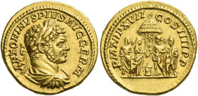Caracalla augustus, 198 – 217
Aureus 214, AV 7.43 g. ANTONINVS PIVS AVG GERM Laureate, draped and cuirassed bust r. Rev. P M TR P XVII – COS IIII P P...