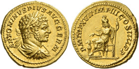 Caracalla augustus, 198 – 217
Aureus 214, AV 7.26 g. ANTONINVS PIVS AVG GERM Laureate, draped, and cuirassed bust r. Rev. P M TR P XVII IMP III COS I...