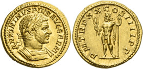 Caracalla augustus, 198 – 217
Aureus 217, AV 6.22 g. ANTONINVS PIVS AVG GERM Laureate and cuirassed bust r. Rev. P M TR P XX COS IIII P P Jupiter sta...