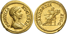 Plautilla, wife of Caracalla
Aureus 202-205, AV 7.32 g. PLAVTILLA – AVGVSTA Draped bust r. Rev. CONCORDIA – AVGG Concordia seated l., holding patera ...
