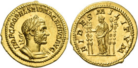 Macrinus, 217 – 218
Aureus 217, AV 6.53 g. IMP C M OPEL SEV MACRINVS AVG Laureate and cuirassed bust r. Rev. FIDES MILITVM Fides standing facing, hea...