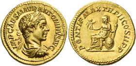 Elagabalus, 218 – 222
Aureus 219, AV 6.16 g. IMP CAES M AVR ANTONINVS AVG Laureate, draped and cuirassed bust r. Rev. PONTIF MAX TR P II COS II P P R...