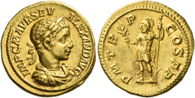 Severus Alexander, 222 – 235
Aureus 222, AV 6.25 g. IMP C M AVR SEV ALEXAND AVG Laureate, draped, and cuirassed bust r. Rev. P M TR P COS P P Mars, h...