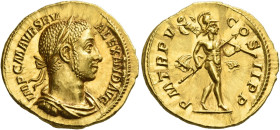 Severus Alexander, 222 – 235
Aureus 226, AV 6.15 g. IMP C M AVR SEV – ALEXAND AVG Laureate and draped bust r. Rev. P M TR P V – COS – II P P Mars adv...