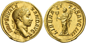 Severus Alexander, 222 – 235
Aureus 228-231, AV 5.89 g. IMP SEV ALE – XAND AVG Laureate bust r. with slight drapery on l. shoulder. Rev. LIBERA – LI ...