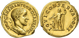 Gordian III, 238 – 244
Aureus July 238-July 239, AV 5.02 g. IMP CAES M ANT GORDIANVS AVG Laureate, draped and cuirassed bust r. Rev. IOVI CONSERVATOR...