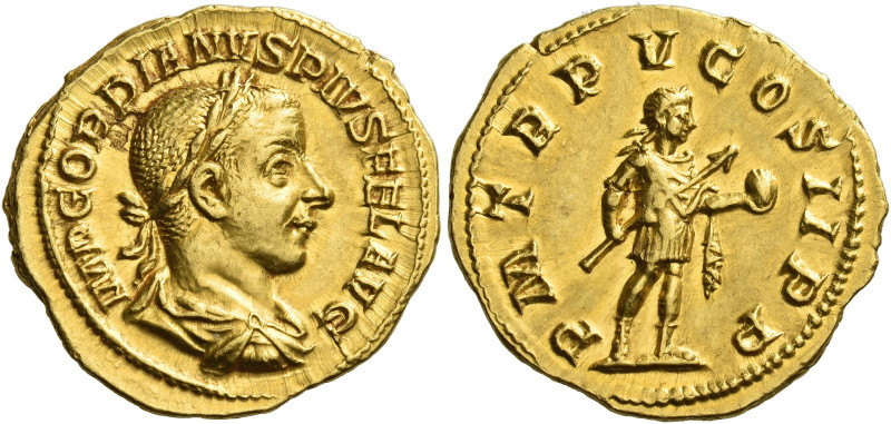 Gordian III, 238 – 244
Aureus 241-243, AV 5.04 g. IMP GORDIANVS PIVS FEL AVG La...