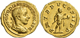 Gordian III, 238 – 244
Aureus 241-243, AV 5.04 g. IMP GORDIANVS PIVS FEL AVG Laureate, draped and cuirassed bust r . Rev. P M TR P V COS II P P Emper...