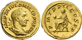 Philip I, 244 – 249
Aureus circa 246, AV 4.77 g. IMP M IVL PHILIPPVS AVG Laureate, draped and cuirassed bust r. Rev. P M TR P II COS P P Emperor seat...