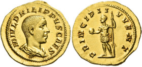 Philip II caesar, 244 – 247
Aureus 245-246, AV 4.28 g. M IVL PHILIPPVS CAES Bare-headed and draped bust r. Rev. PRINCIPI I – VVENT Philip II, in mili...