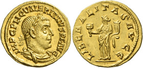 Valerian I, 253 – 260
Aureus 255-256, AV 2.60 g. IMP C P LIC VALERIANVS P F AVG Laureate, draped and cuirassed bust r. Rev. LIBERALITAS AVGG Liberali...