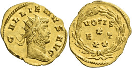 Gallienus, 253 – 268
Heavy aureus, Mediolanum circa 262, AV 3.83 g. GALLIENVS AVG Radiate head r. Rev. VOTIS /X / ET / XX within laurel wreath. C 135...
