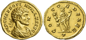 Quintillus, 270
Aureus, Mediolanum September-November 270, AV 5.01 g. IMP C M AVR QVI – NTILLVS AVG Laureate, draped and cuirassed bust r. Rev. CON –...