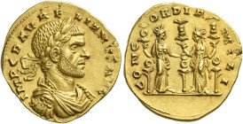 Aurelianus, 270 – 275
Aureus, Siscia 271, AV 3.69 g. IMP C D AVRE – LIANVS AVG Laureate, draped and cuirassed bust r. Rev. CONC – ORDIA – MILI Two Co...