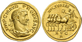 Probus, 276 – 282
Aureus, Antiochia 276-282, AV 6.58 g. IMP C M AVR – PROBVS AVG Laureate, draped and cuirassed bust r. Rev. VICTORIAE Victory in slo...