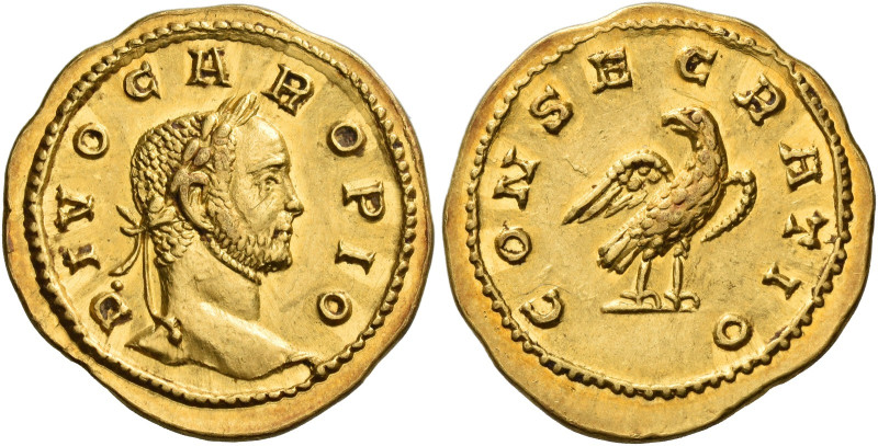 Carus, 282 – 283
Divo Caro. Aureus, Lugdunum 283, AV 4.35 g. DIVO CARO PIO Laur...