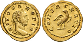 Carus, 282 – 283
Divo Caro. Aureus, Lugdunum 283, AV 4.35 g. DIVO CARO PIO Laureate head r. Rev. CONSECRATIO Eagle standing r. on ground line, head l...