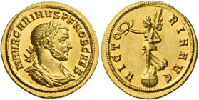Carinus caesar, 282 – 283
Aureus, Siscia 282, AV 5.35 g. M AVR CARINVS PF NOB CAES Laureate, draped and cuirassed bust r. Rev. VICTO – RIA AVG Victor...