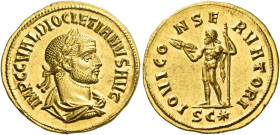 Diocletian, 284 – 305
Aureus, Cyzicus 286, AV 5.33 g. IMP C C VAL DIOCLETIANVS AVG Laureate, draped and cuirassed bust r. Rev. IOVI CO – NSE – RVATOR...