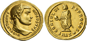 Diocletian, 284 – 305
Aureus, Antiochia 296-297, AV 5.38 g. DIOCLETIANVS – AVGVSTVS Laureate head r. Rev. CONSVL VI P P PROCOS The laureate emperor s...