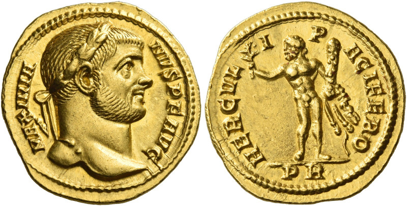 Maximianus Herculius, 286 – 308
Aureus 287, AV 5.46 g. MAXIMIA – NVS P F AVG La...
